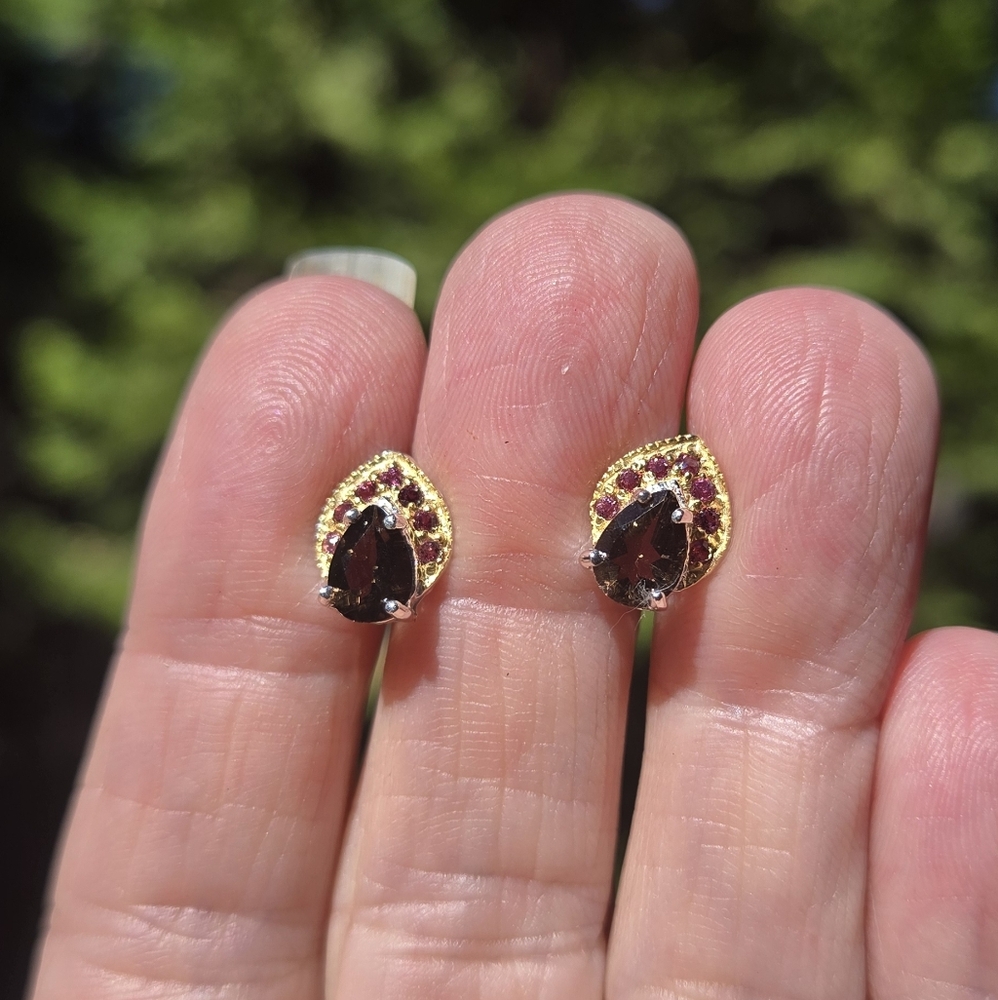Smokey Quartz 2k & Rhodolite Natural Sterling & Gold Earrings - Picture 4 of 9